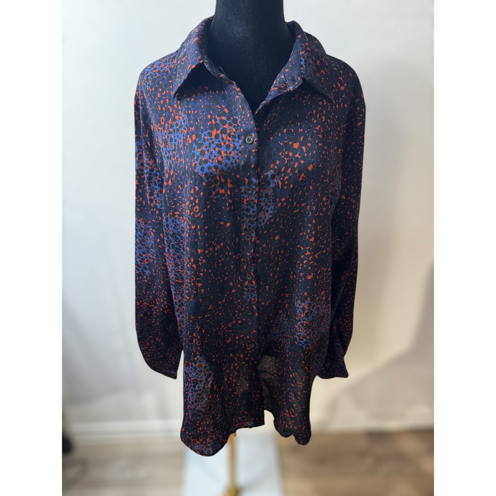 PRETTYLITTLETHING‎ Navy Blue Orange Leopard Print Button Down Blouse Womens 10